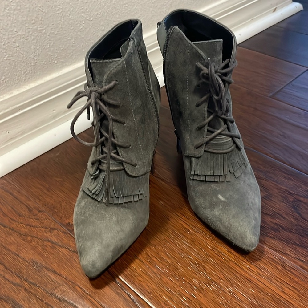 Lace up fringe gray booties